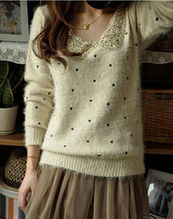日系甜美亮片娃娃領波點刺繡長毛絨 針織衫女